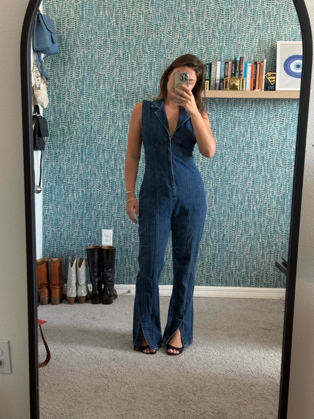 Free People Crvy Ring the Alarm denim jumpsuit size small - Picture 1 of 4